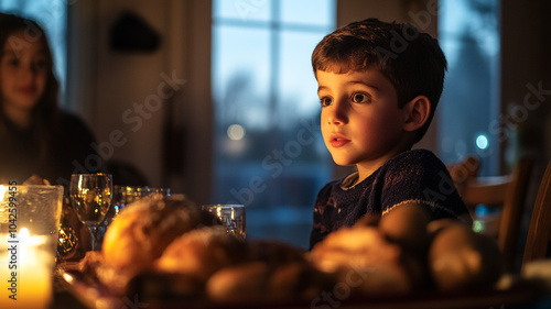 A young boy gazes thoughtfully at a festive Hanukkah dinner table filled with traditional treats photo