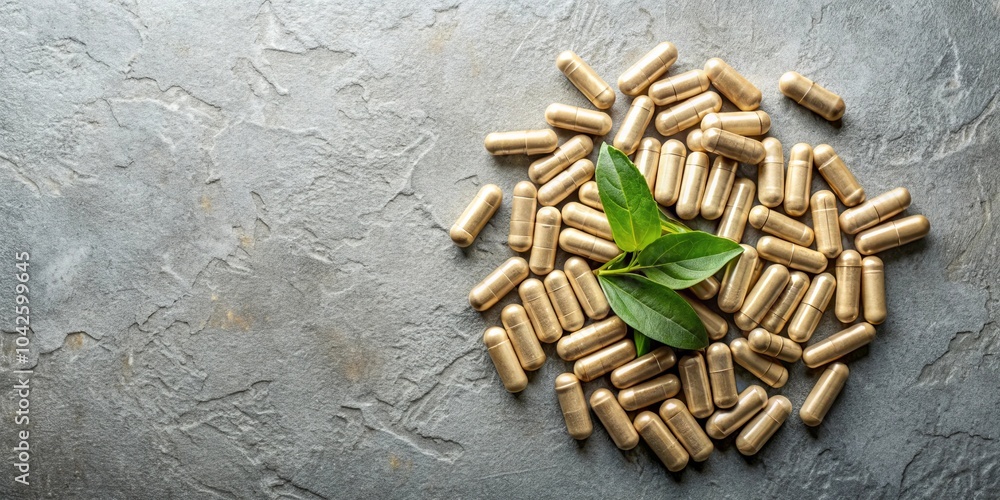 Natural Remedies A Scatter of Golden Capsules and Lush Green Leaves on a Textured Surface Natural Remedies A Scatter of Golden Capsules and Lush Green Leaves on a Textured Surface