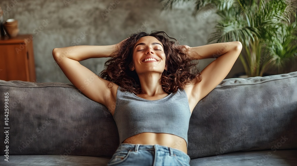 Happy woman relaxing on comfortable soft sofa enjoying stress free weekend at home, calm satisfied girl stretching on couch thinking of pleasant lazy day, dreaming and planning sunday morning. Happy woman relaxing on comfortable soft sofa enjoying stress free weekend at home, calm satisfied girl stretching on couch thinking of pleasant lazy day, dreaming and planning sunday morning.