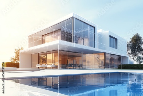 Modern house with large windows and a pool in bright natural light.