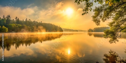 Golden Light Bathes the Tranquil Lake, Where Mist Envelopes the Trees, Reflecting the Sun's Warm Embrace