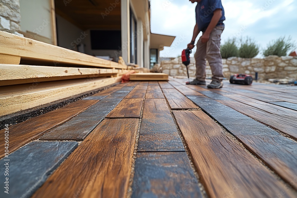 Construction worker installing wooden deck flooring Construction worker installing wooden deck flooring