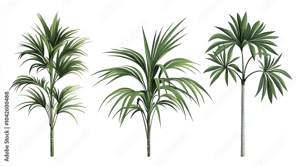 Obraz premium Three vibrant green indoor plants with diverse leaf shapes, perfect for home decor, isolated on a white background.