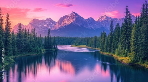 A serene river winds through a lush forest, reflecting the vibrant colors of a breathtaking sunrise over majestic mountains.