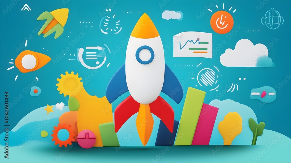 Fototapeta premium 3D Rocket Launch Startup Success Business Growth Concept