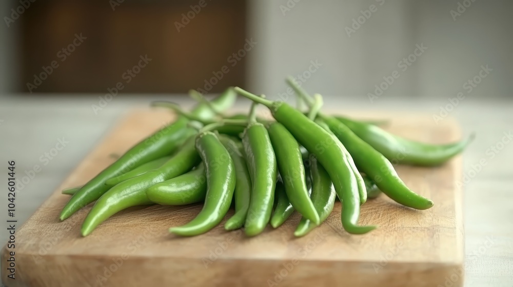 Fresh Green Chili Peppers on Cutting Board Fresh Green Chili Peppers on Cutting Board