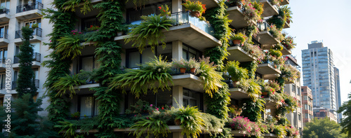 Vertical garden building with lush green faÃ§ade amidst urban cityscape photo