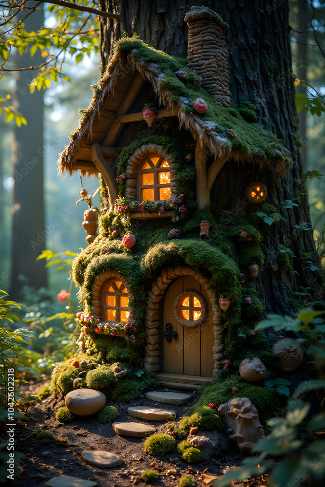 Fototapeta premium Enchanted forest fairy house nestled in mossy tree trunk with glowing windows