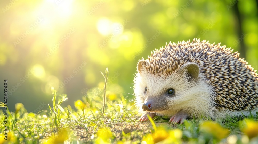 A hedgehog in a sunlit meadow surrounded by flowers. A hedgehog in a sunlit meadow surrounded by flowers.
