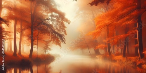 Tranquil autumn river scene with orange leaves, fog and reflections. photo