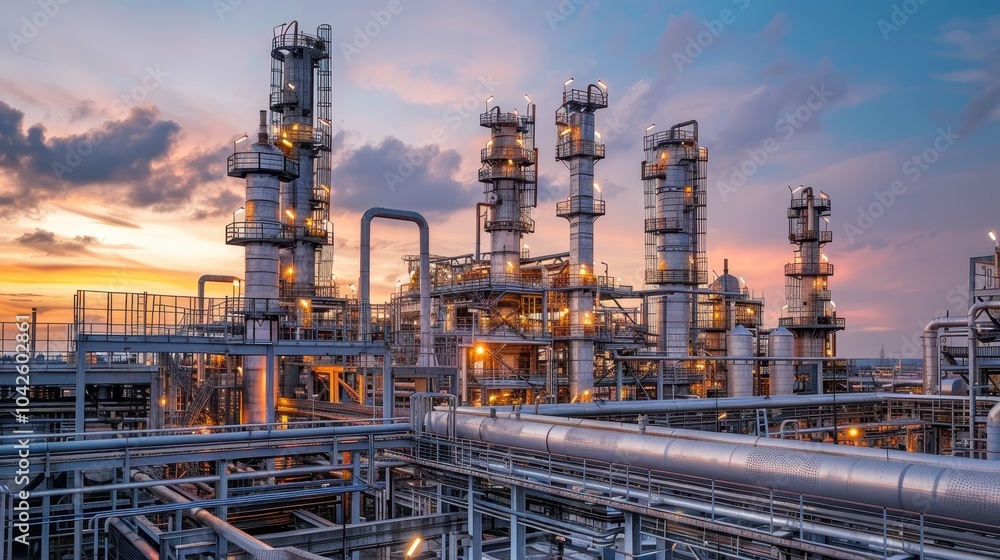 Industrial Refinery Complex at Dusk with Towering Chimneys Industrial Refinery Complex at Dusk with Towering Chimneys
