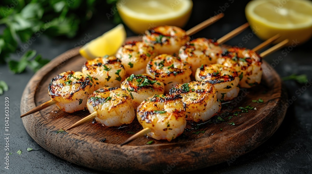 Grilled Shrimp Skewers with Lemon and Parsley on a Wooden Board Grilled Shrimp Skewers with Lemon and Parsley on a Wooden Board