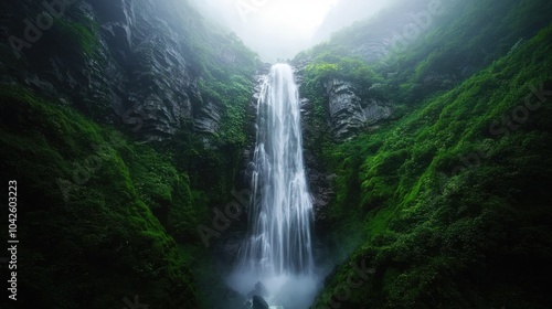Majestic waterfall cascading down a misty mountainside, surrounded by lush greenery.