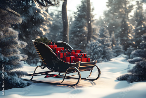 Sleigh filled with red and black presents in a winter forest, 3D illustration