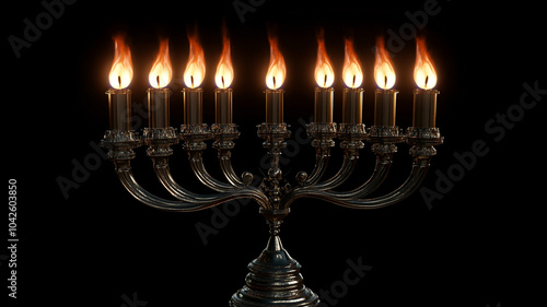 A beautifully lit menorah with nine glowing flames for Hanukkah celebration at night