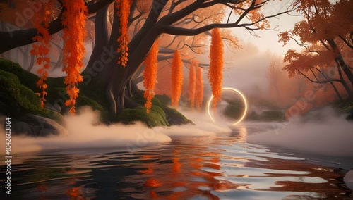 Tranquil autumn river scene with orange leaves, fog and reflections. photo