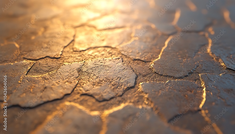 Obraz premium A textured surface showing cracking patterns illuminated by warm light, creating a visually striking effect.