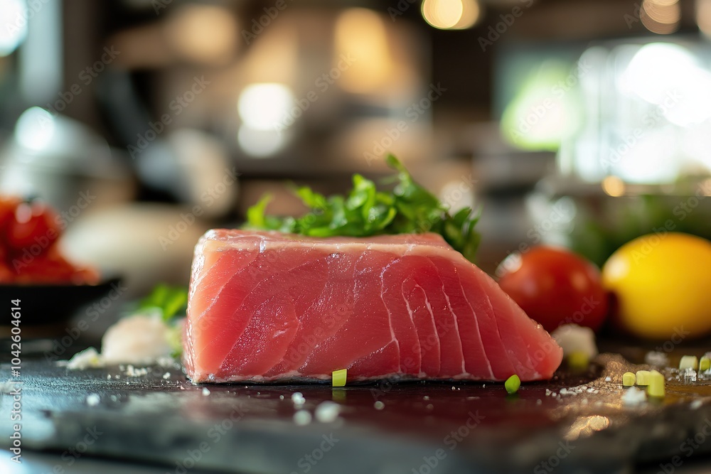 A high-quality photograph of an elegant cut of tuna on the counter A high-quality photograph of an elegant cut of tuna on the counter