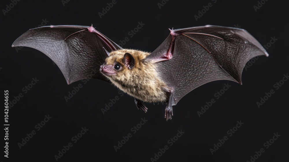 Obraz premium A close-up of a bat in flight, showcasing its wings and fur against a dark background.