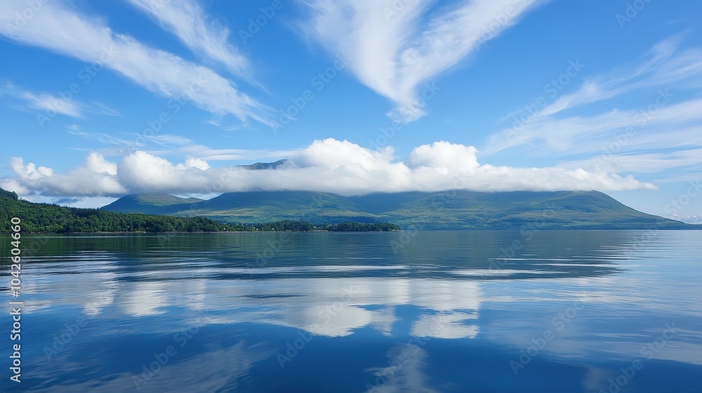 Fototapeta premium Calm Sea with Clouds Over the Rolling Landscape