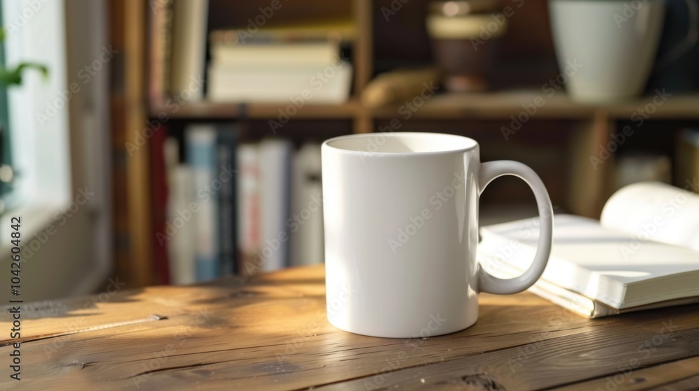 Blank white coffee mug on wooden table in cozy reading nook with books Blank white coffee mug on wooden table in cozy reading nook with books