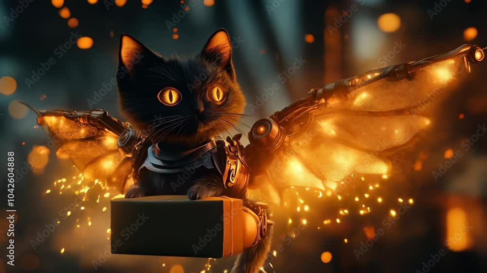 Whimsical robotic black cat with glowing eyes and mechanical wings sits ...