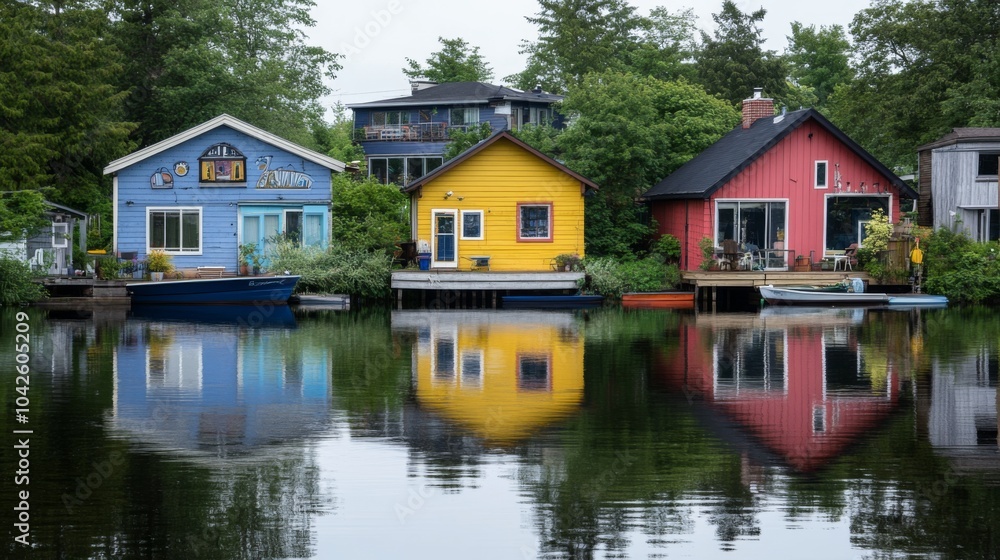 Fototapeta premium Vibrant Coastal Properties Reflecting in Tranquil Water