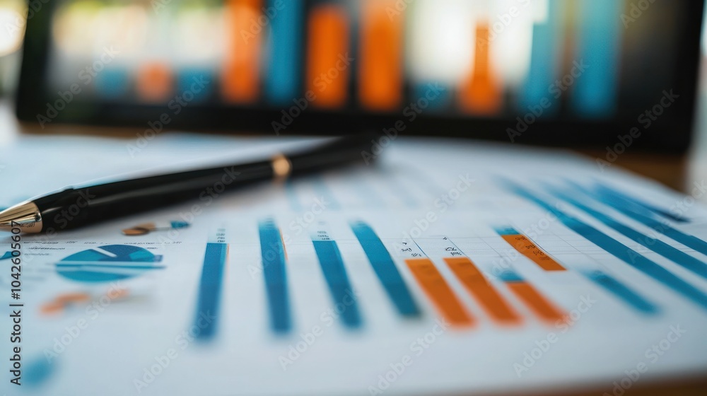 A close-up of financial reports with charts, graphs, and a pen for analysis. A close-up of financial reports with charts, graphs, and a pen for analysis.