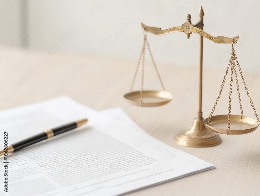 Macro View of Legal Documents with Pen and Scales of Justice in Office Setting Macro View of Legal Documents with Pen and Scales of Justice in Office Setting