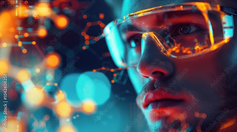A chemist wearing safety glasses, carefully mixing solutions in a brightly lit lab, with chemical structures displayed on the screen behind. A chemist wearing safety glasses, carefully mixing solutions in a brightly lit lab, with chemical structures displayed on the screen behind.