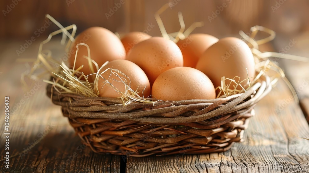 Brown Organic Chicken Eggs in Woven Basket Brown Organic Chicken Eggs in Woven Basket
