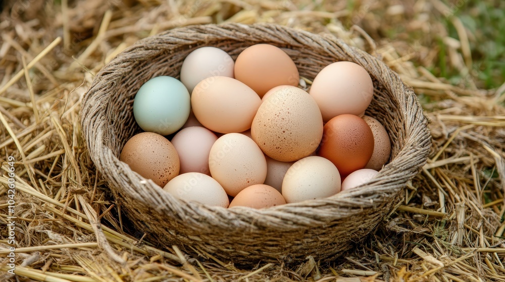 Fresh Organic Eggs in a Neatly Arranged Basket Fresh Organic Eggs in a Neatly Arranged Basket