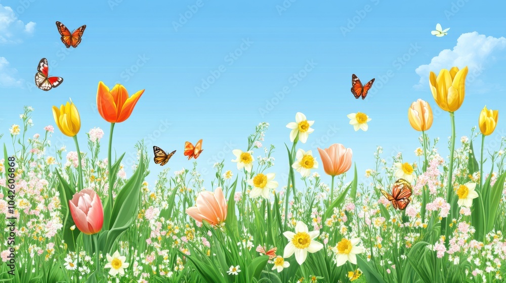 Fototapeta premium Springtime Meadow with Colorful Tulips, Daffodils, Butterflies and Blue Sky