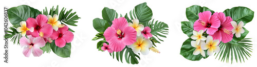 High-Quality PNG Pink Hibiscus flowers and plumeria flowers with monstera leaves in a tropical arrangement isolated on transparent background – High Resolution