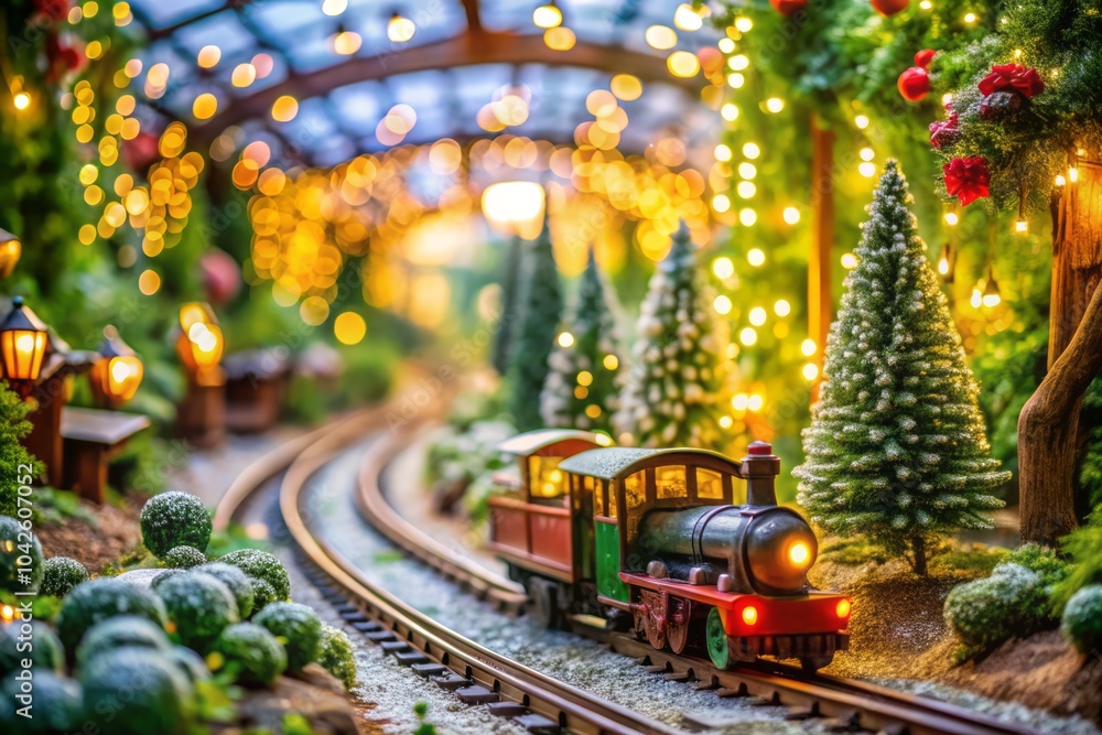 Miniature Christmas train chugs along a winding track surrounded by festive decorations and snow Miniature Christmas train chugs along a winding track surrounded by festive decorations and snow