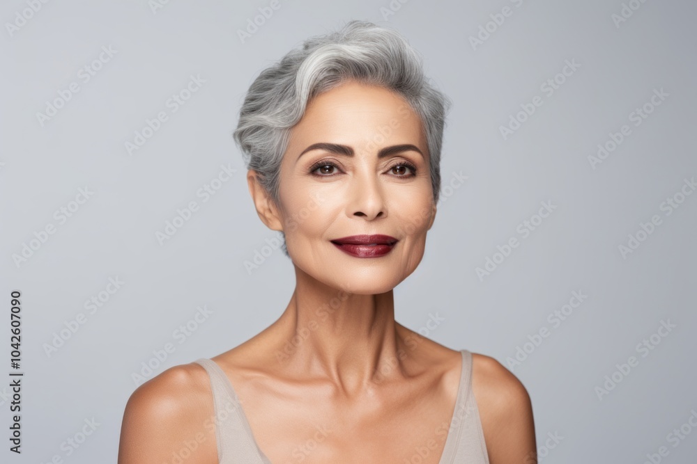 Portrait of beautiful middle aged woman with grey hair and professional makeup Portrait of beautiful middle aged woman with grey hair and professional makeup