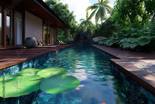 3D rendering of the gardenâ€™s central courtyard, with detailed textures of the wood, stone, and water blending together seamlessly photo