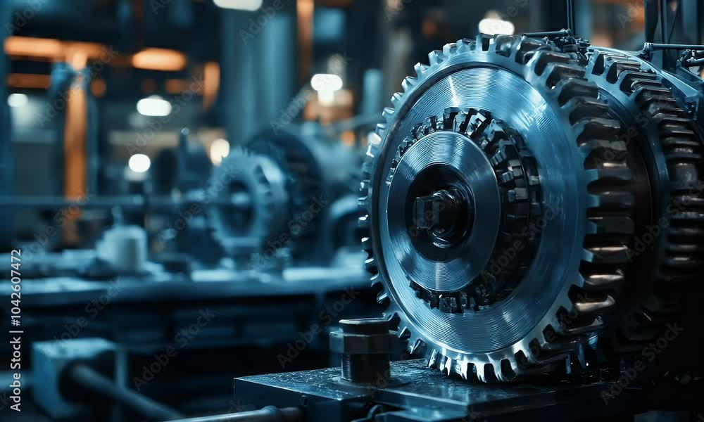 Close-up of a metallic gear mechanism in an industrial setting, showcasing precision engineering. Close-up of a metallic gear mechanism in an industrial setting, showcasing precision engineering.