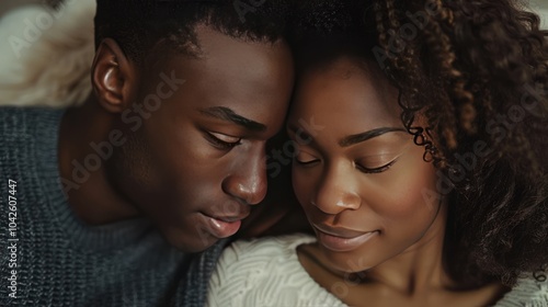 A close-up portrait of a couple sitting together on a couch at home, their foreheads touching as they share a quiet, intimate moment. The soft natural light adds warmth to the scene.