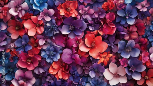 A vibrant pattern of colorful paper flowers in shades of blue, red, pink, and purple.