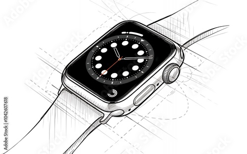 A sleek black and silver smartwatch with a minimalist design, displayed on a technical drawing background. photo