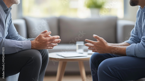 therapist and patient seated in comfortable sofa, engaged in a conversation. no face show on image.