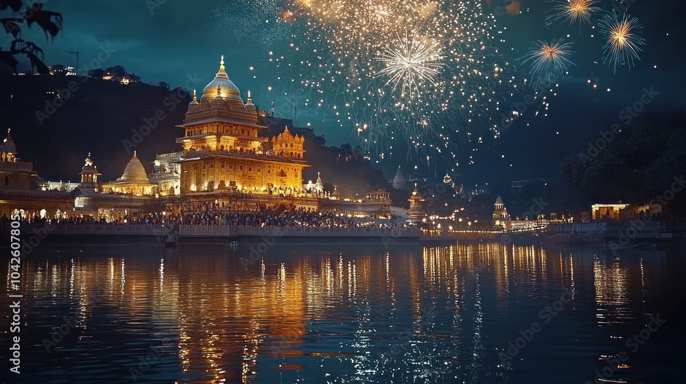 Obraz premium Festival Celebration at Temple with Fireworks Display