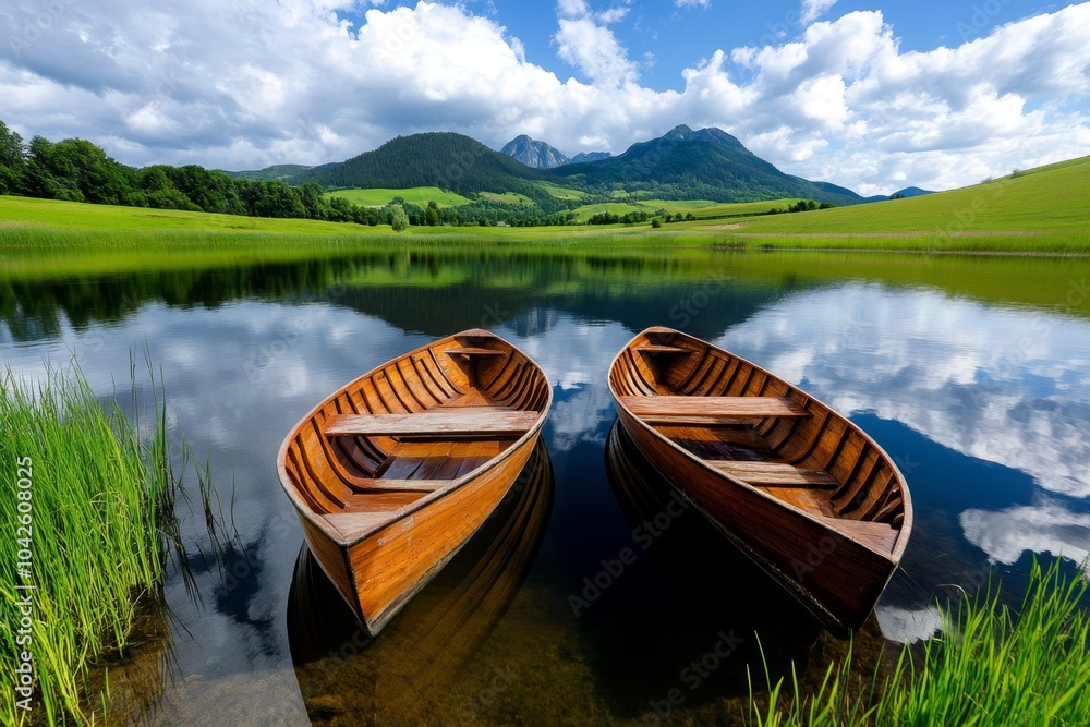 Fototapeta premium A peaceful lakeside scene in southeastern Poland, with wooden fishing boats moored by the shore and rolling hills in the background