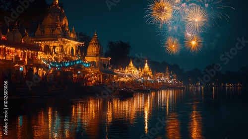 Festive Night Scene with Fireworks and Illuminated Temples