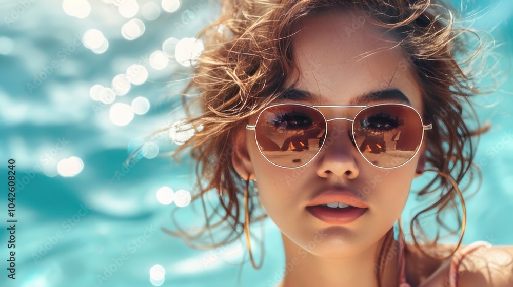 A glamorous outdoor portrait of a woman posing by a poolside, wearing stylish sunglasses and a chic outfit. The sunlight reflects off the water, adding a touch of luxury and elegance to the scene. A glamorous outdoor portrait of a woman posing by a poolside, wearing stylish sunglasses and a chic outfit. The sunlight reflects off the water, adding a touch of luxury and elegance to the scene.