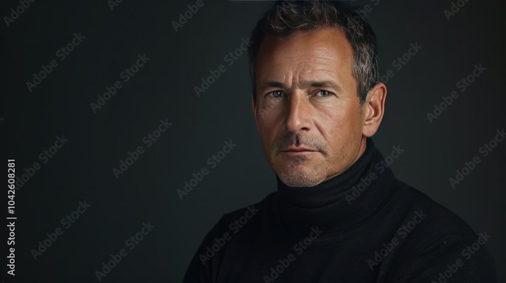 A headshot of a man in a classic black turtleneck, with subtle lighting that emphasizes his strong jawline and thoughtful expression, giving the image a minimalist yet powerful aesthetic. A headshot of a man in a classic black turtleneck, with subtle lighting that emphasizes his strong jawline and thoughtful expression, giving the image a minimalist yet powerful aesthetic.