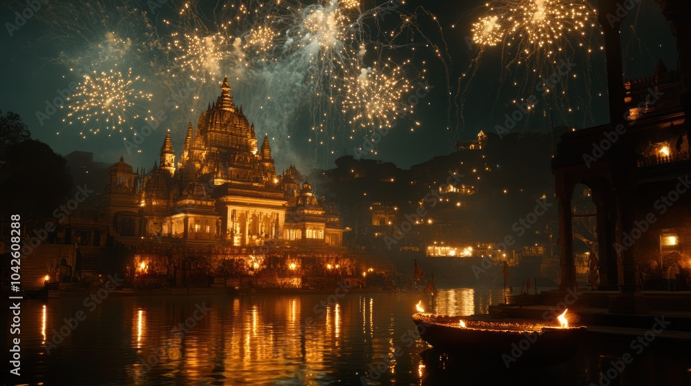 Obraz premium Night Celebration with Fireworks over River Temple