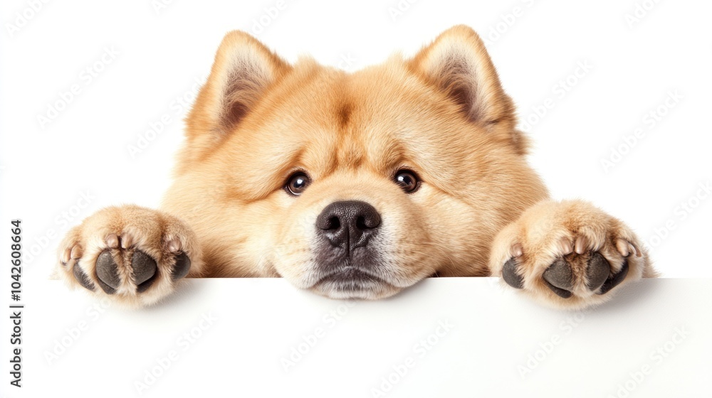 A fluffy dog peeks over a surface, showcasing its adorable expression. A fluffy dog peeks over a surface, showcasing its adorable expression.
