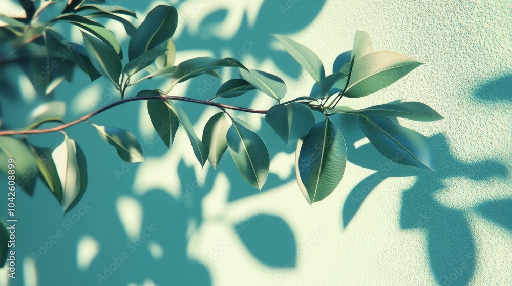 A close-up of green leaves casting shadows on a light-colored wall. A close-up of green leaves casting shadows on a light-colored wall.